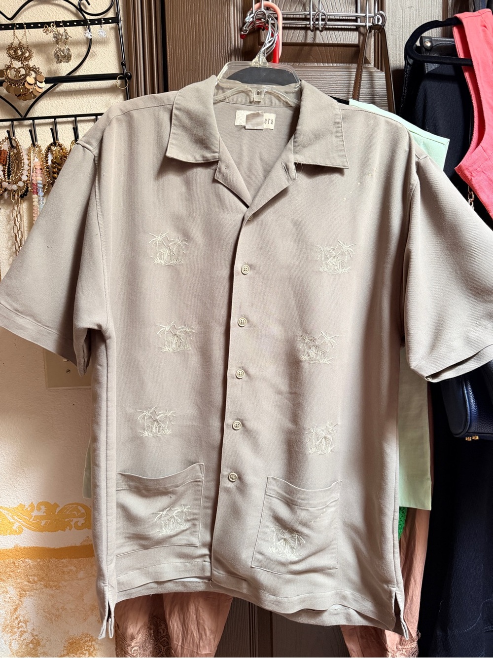 Cubavera Beige Short-Sleeve Camp Shirt with Embroidered Palm Motifs